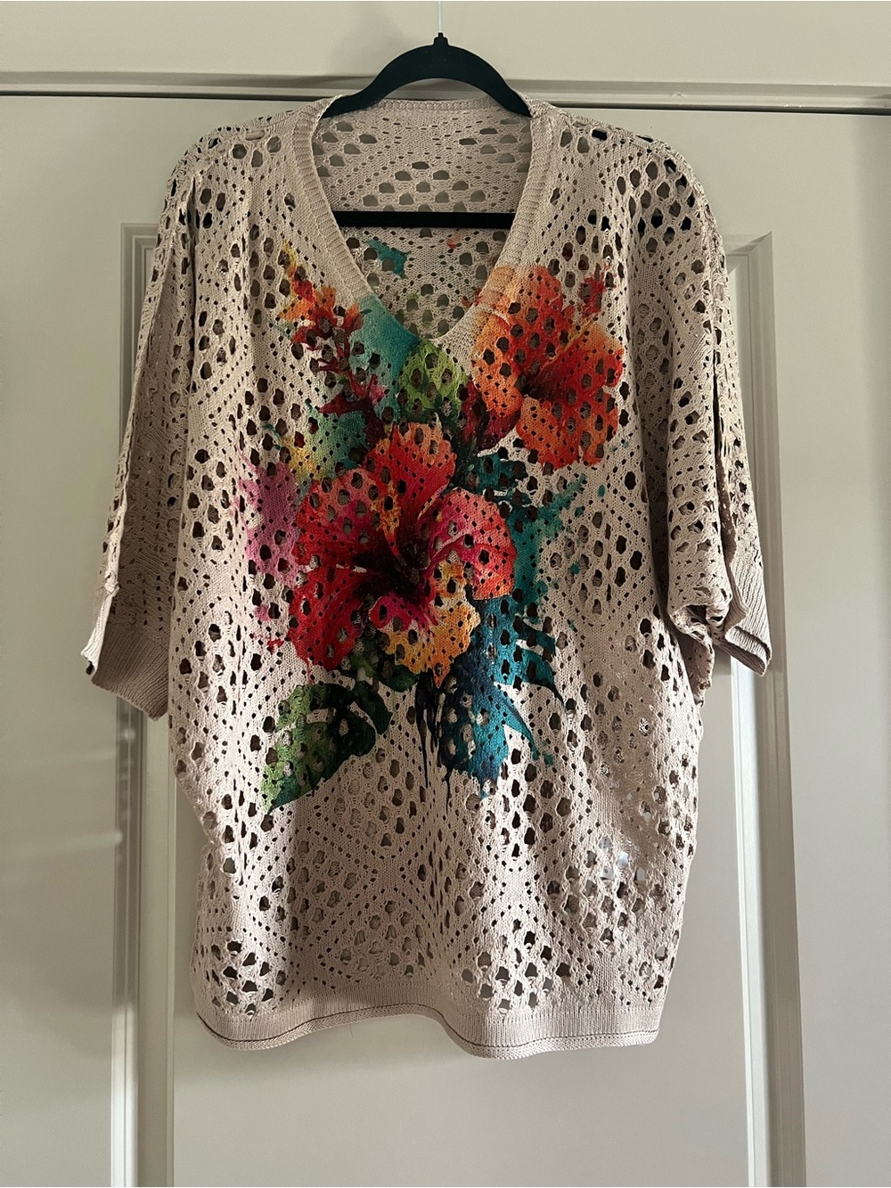 Beige Crochet Open-Knit Floral Poncho Sweater XL